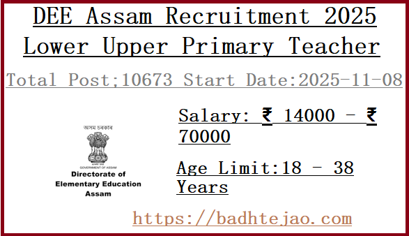 10673 Lower Upper Primary Teacher Jobs In DEE Assam Recruitment 2025