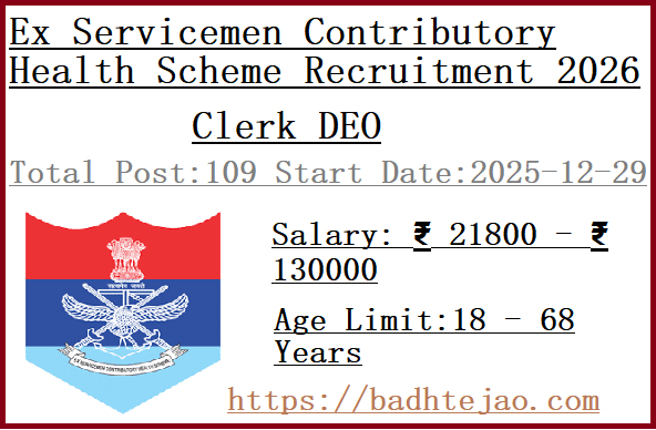 109 8th Class Clerk DEO Jobs In ECHS Recruitment 2026