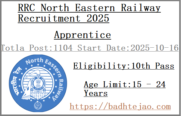 1104 10th Pass Apprentice Jobs In RRC North Eastern Railway Recruitment 2025