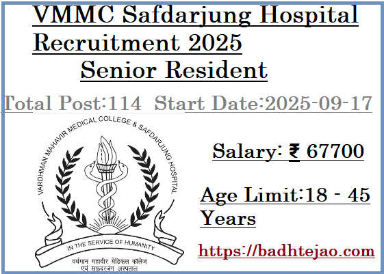 114 Senior Resident Jobs In VMMC Safdarjung Hospital Recruitment 2025