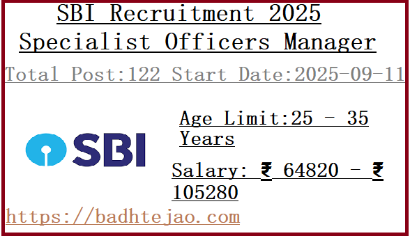 122 Manager Jobs In SBI Specialist Officers Recruitment 2025