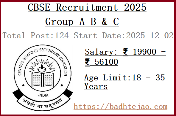 124 Group A B & C Jobs In CBSE Recruitment 2025