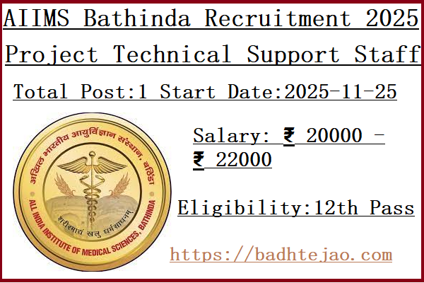 12th Pass Project Technical Support Staff II Jobs In AIIMS Bathinda Recruitment 2025