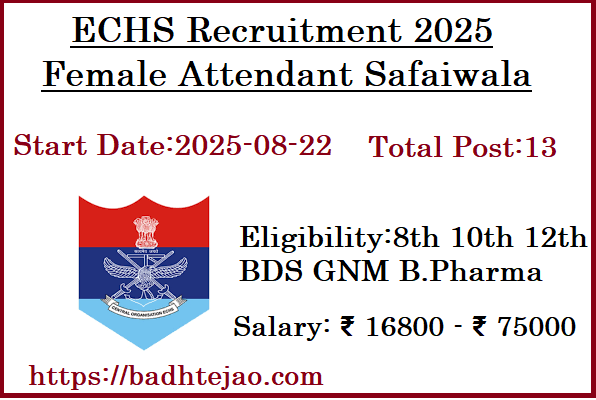 13 8th 10th 12th BDS B.Pharma GNM Female Attendant Safaiwala Jobs In ECHS Recruitment 2025