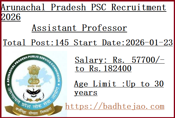 145 Assistant Professor Jobs In Arunachal Pradesh PSC Recruitment 2026