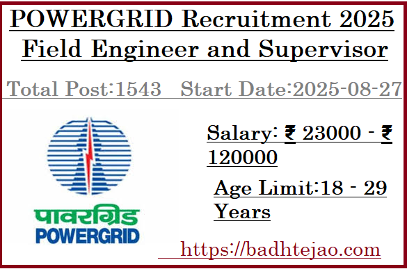 1543 Field Engineer and Supervisor Jobs In POWERGRID Recruitment 2025