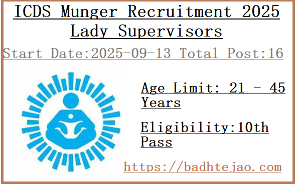 16 10th Pass Lady Supervisors Jobs In ICDS Munger Recruitment 2025
