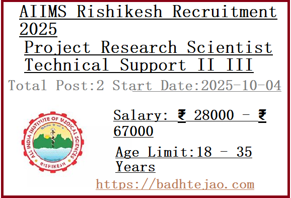 2 Project Research Scientist Technical Support II III Jobs In AIIMS Rishikesh Recruitment 2025