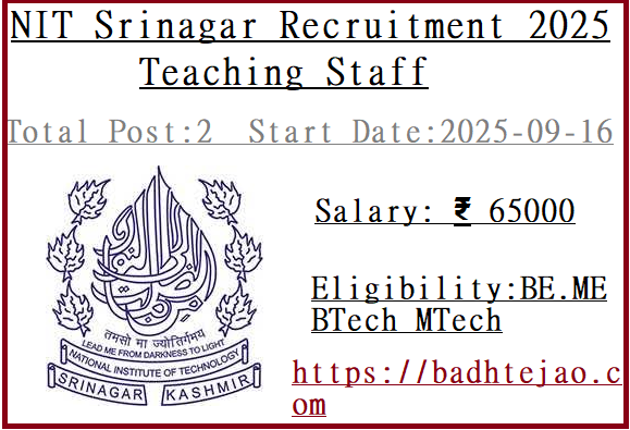 2 Teaching Staff Jobs In NIT Srinagar Recruitment 2025