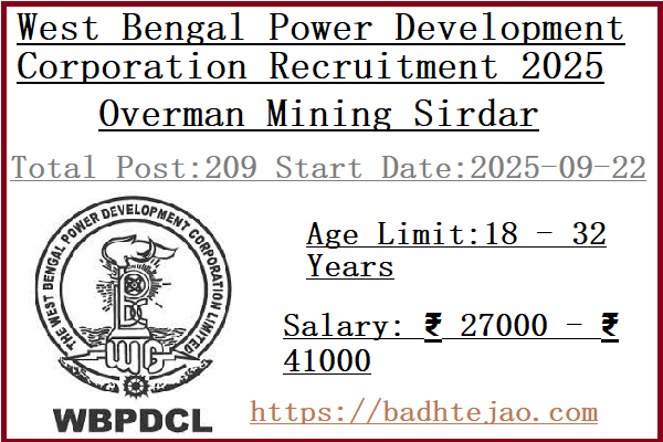 209 Overman Mining Sirdar Jobs In WBPDCL Recruitment 2025