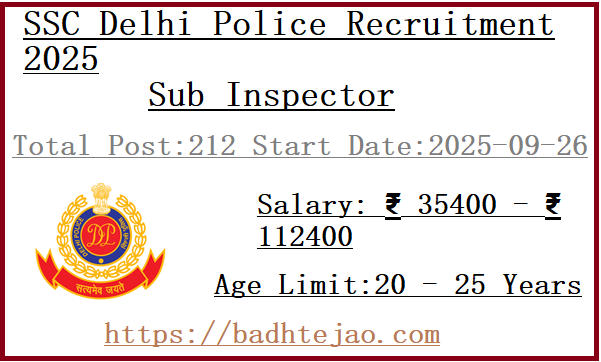 212 Sub Inspector Jobs In SSC Delhi Police Recruitment 2025