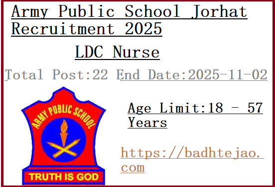 22 10th Diploma LDC Nurse Jobs In Army Public School Jorhat Recruitment 2025