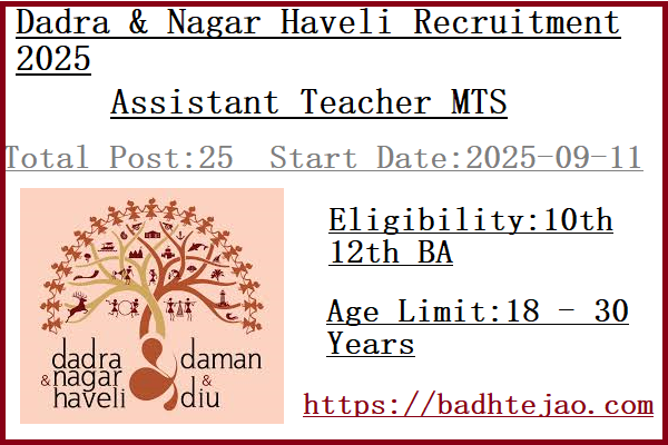25 10th 12th BA Pass Assistant Teacher MTS Jobs In Dadra and Nagar Haveli Recruitment 2025