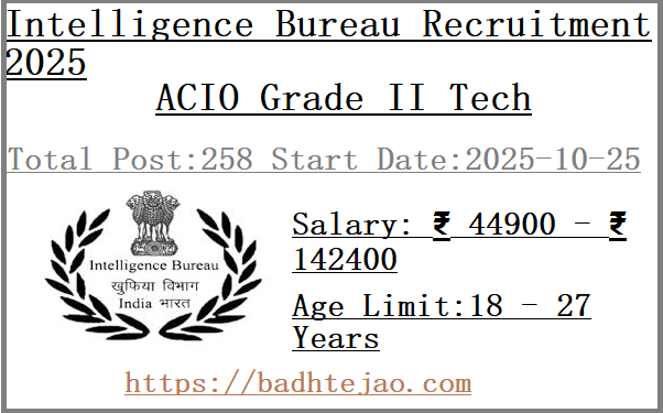 258 ACIO Grade II Tech Jobs In Intelligence Bureau Recruitment 2025
