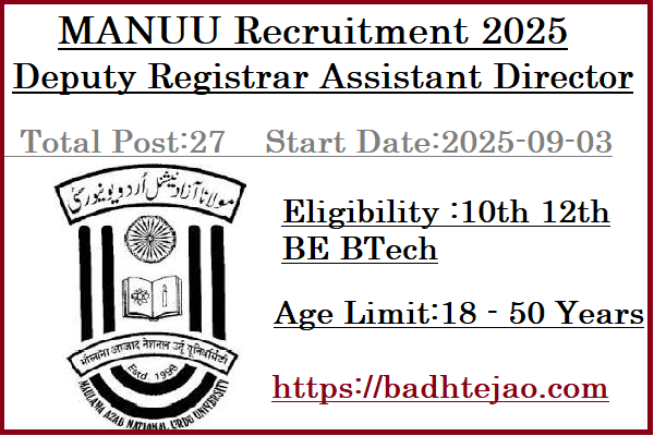 27 Deputy Registrar Assistant Director Jobs In MANUU Recruitment 2025