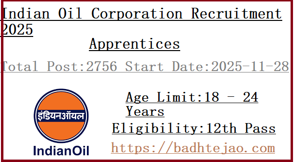2756 12th Pass Apprentices Jobs In IOCL Recruitment 2025