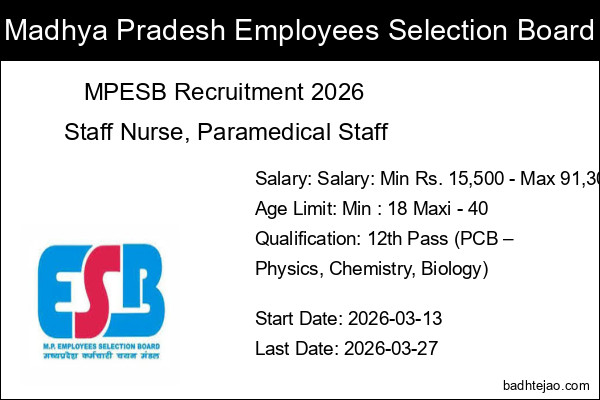 291 12th Pass Group 5 Staff Nurse Paramedical Jobs In MPESB Recruitment 2026