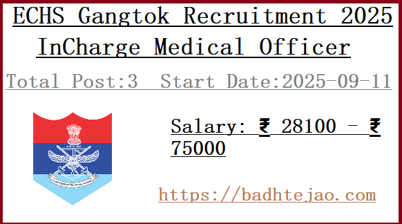 3 InCharge Medical Officer Jobs In ECHS Gangtok Recruitment 2025