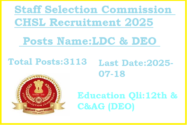 3131 12th Pass LDC DEO Jobs In SSC CHSL Recruitment 2025