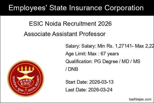 34 Associate Assistant Professor Jobs In ESIC Noida Recruitment 2026