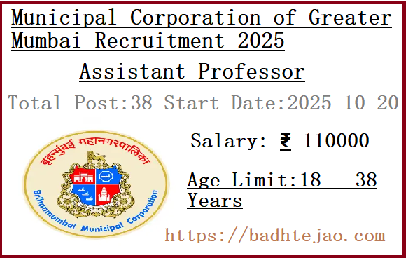 38 Assistant Professor Jobs In MCGM Recruitment 2025