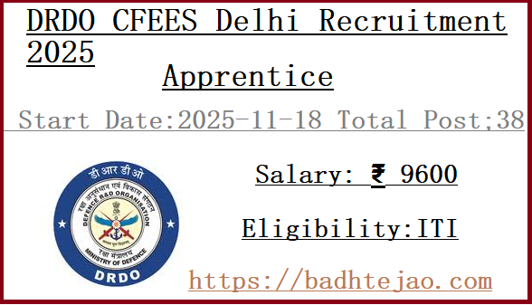 38 ITI Apprentice Jobs In DRDO CFEES Delhi Recruitment 2025