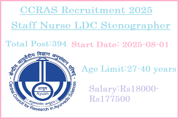 394 Staff Nurse	LDC Stenographer Jobs In CCRAS Recruitment 2025