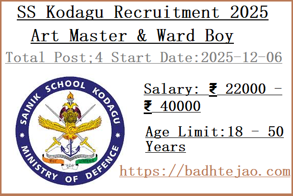 4 10th Pass Art Master & Ward Boy Jobs In SS Kodagu Recruitment 2025