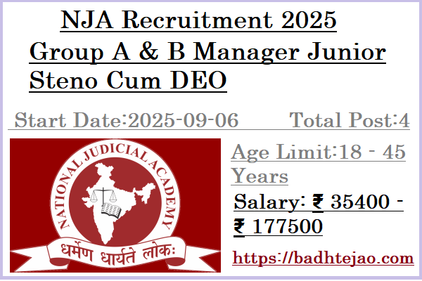 4 Group A & B Manager Junior Steno Cum DEO Jobs In NJA Recruitment 2025