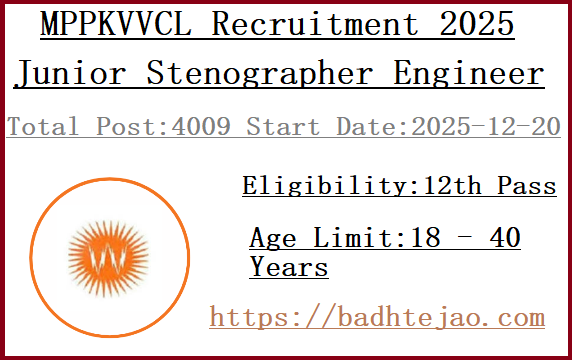 4009 12th Pass Junior Stenographer Engineer Jobs In MPPKVVCL Recruitment 2025