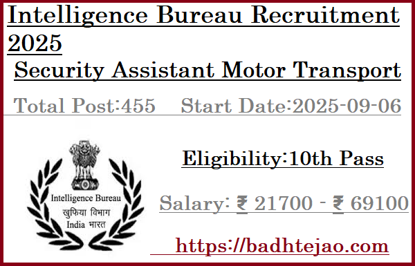 455 10th Pass Security Assistant Motor Transport Jobs In IB Recruitment 2025