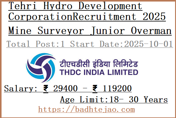 5 Mine Surveyor Junior Overman Jobs In THDC Recruitment 2025