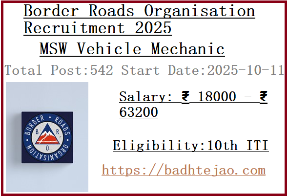 542 10th ITI Pass MSW Vehicle Mechanic Jobs In BRO Recruitment 2025
