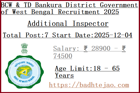 7 Additional Inspector Jobs In BCW & TD Bankura District Recruitment 2025