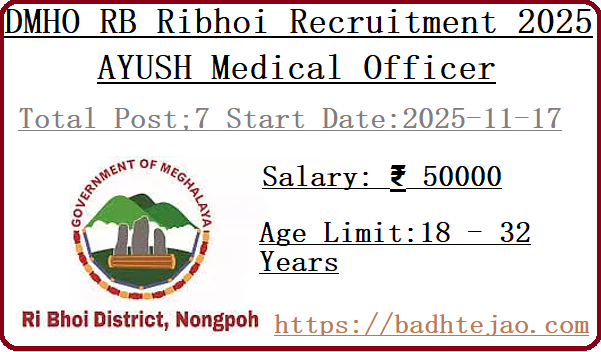7 AYUSH Medical Officer Jobs In DMHO RB Ribhoi Recruitment 2025