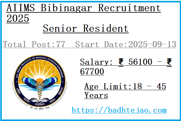 77 Senior Resident Jobs In AIIMS Bibinagar Recruitment 2025