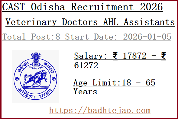 8 Veterinary Doctors AHL Assistants Jobs In CAST Odisha Recruitment 2026