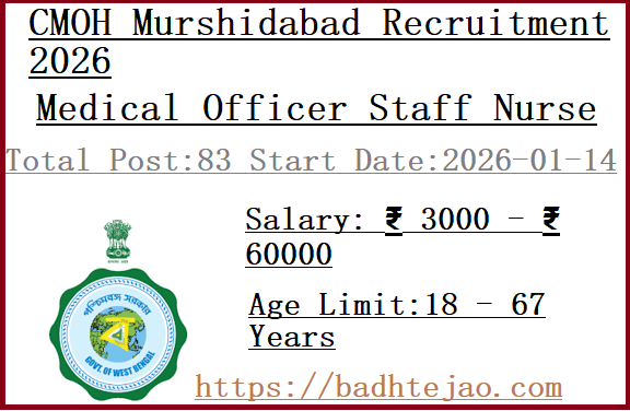 83 10th Pass Medical Officer Staff Nurse Jobs In CMOH Murshidabad Recruitment 2026