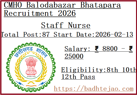 87 Staff Nurse Jobs In CMHO Balodabazar Bhatapara Recruitment 2026 