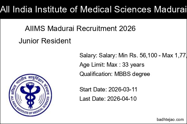 9 Junior Resident Jobs In AIIMS Madurai Recruitment 2026