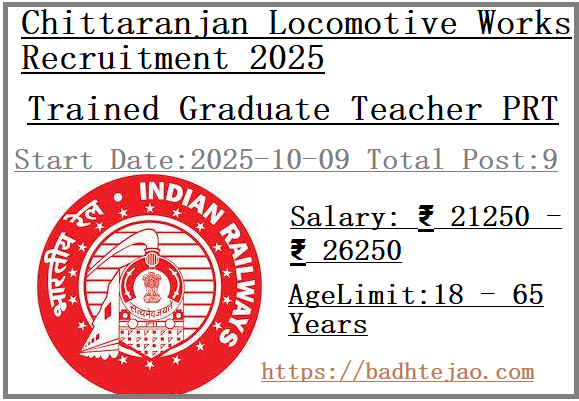 9 TGT PRT Jobs In Chittaranjan Locomotive Works Recruitment 2025