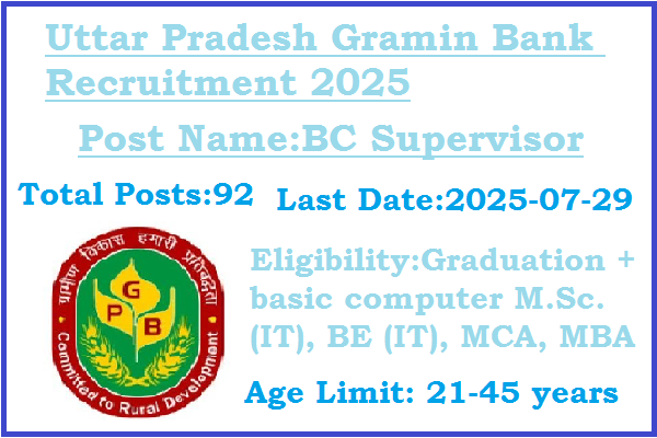92 BC Supervisor Jobs In Uttar Pradesh Gramin Bank Recruitment 2025