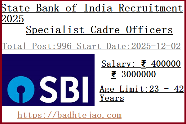 996 Specialist Cadre Officers Jobs In SBI Recruitment 2025