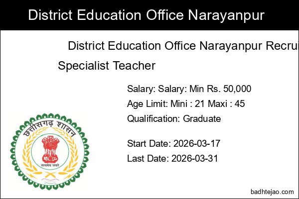 6 Specialist Teacher Jobs In District Education Office Narayanpur Recruitment 2026