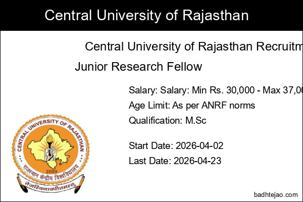 Junior Research Fellow Jobs In Central University of Rajasthan Recruitment 2026