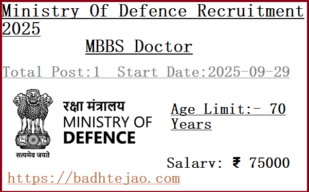 MBBS Doctor Jobs In Ministry Of Defence Recruitment 2025