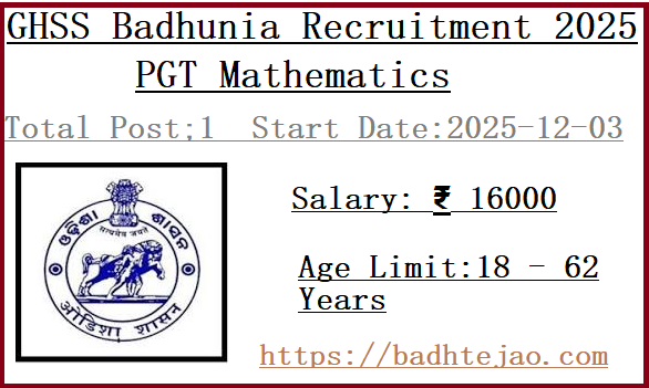 PGT Mathematics Jobs In GHSS Badhunia Recruitment 2025