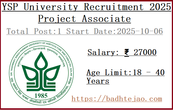 Project Associate Jobs In YSP University Recruitment 2025